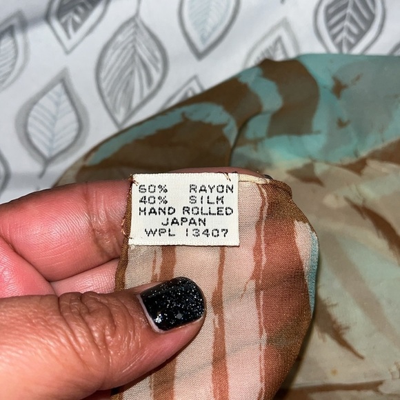 Made in Japan Vintage Scarf Teal and Brown and Cream.  Hand rolled silk - Picture 5 of 5